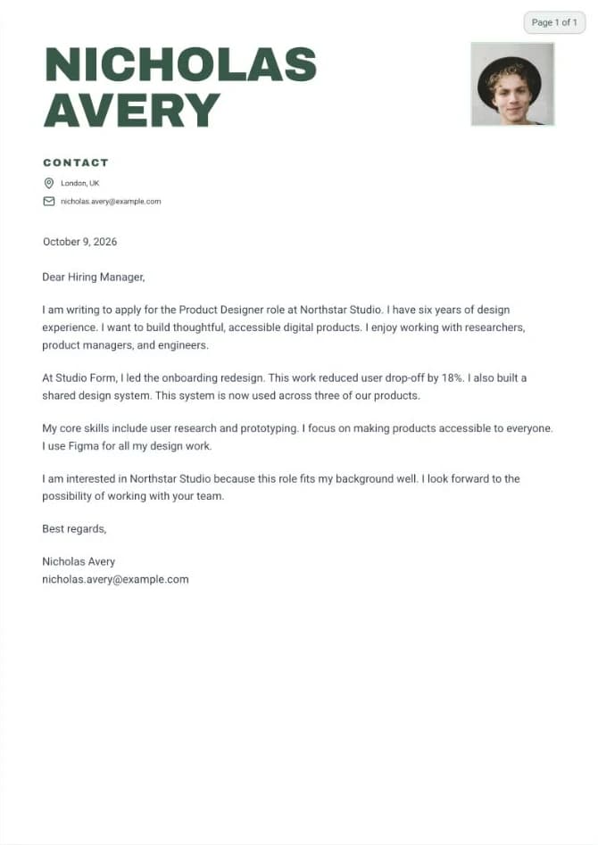 Matching example cover letter for the Product Designer role at Northstar Studio