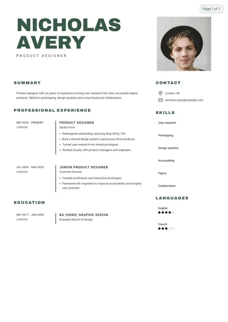 Nicholas Avery's example resume, created in Cowrite with the Arne template