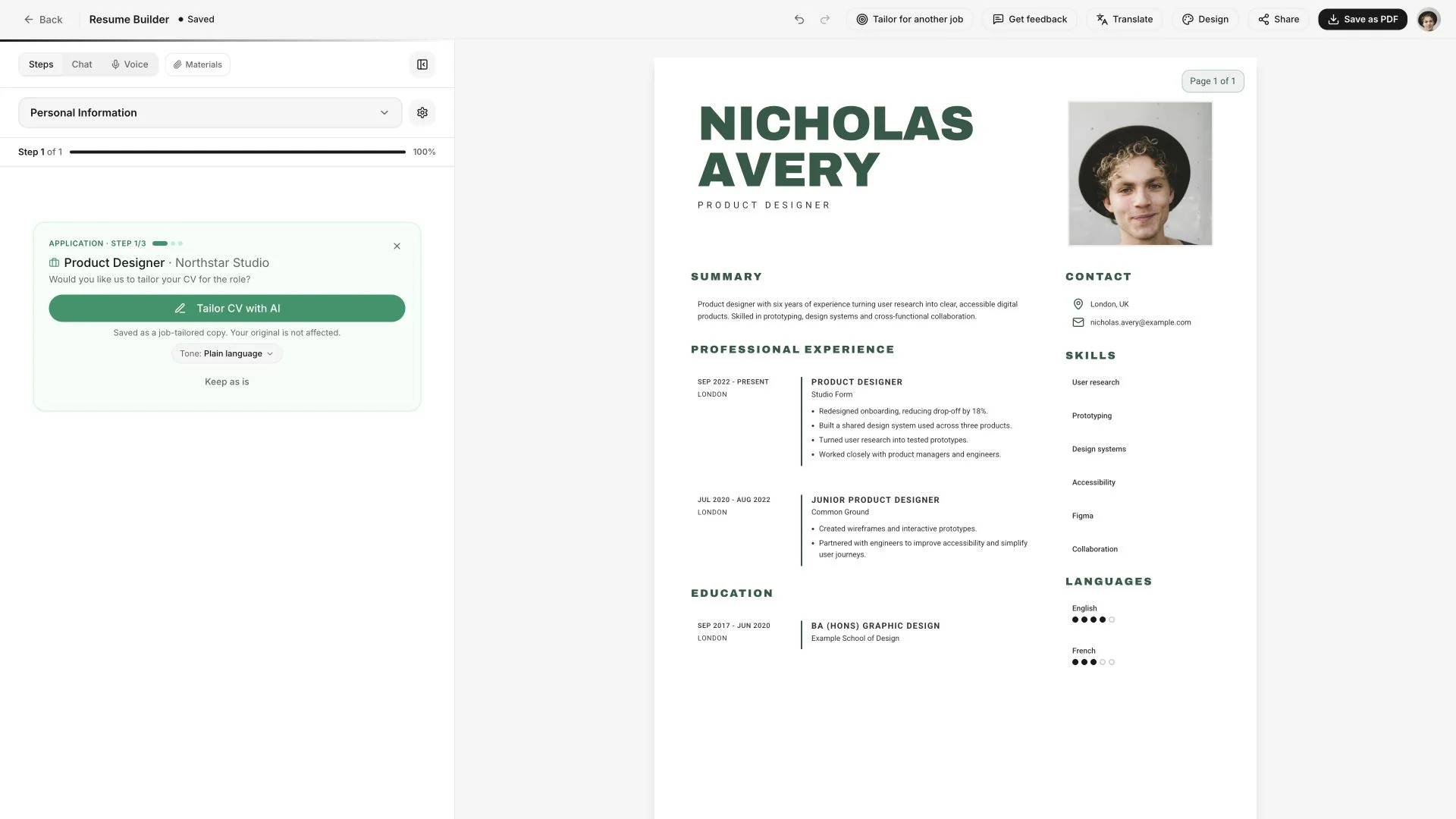 The actual Cowrite desktop editor, showing guided resume steps and Nicholas Avery’s resume preview side by side